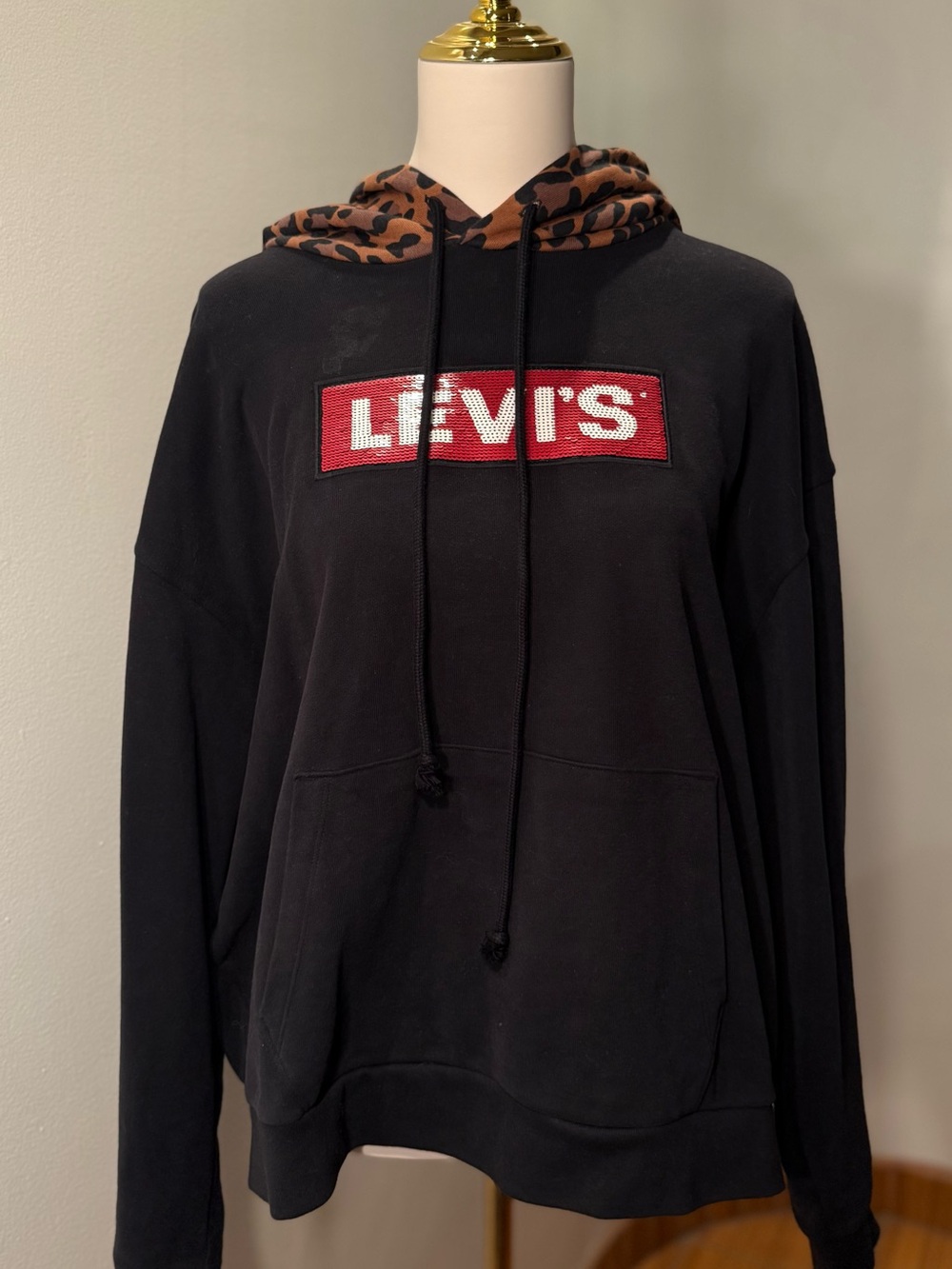 Levi's Black Sequin Logo Hoodie with Red Logo and Leopard Hood Woman Size L